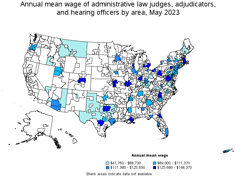 Map of annual mean wages of administrative law judges, adjudicators, and hearing officers by area, May 2021