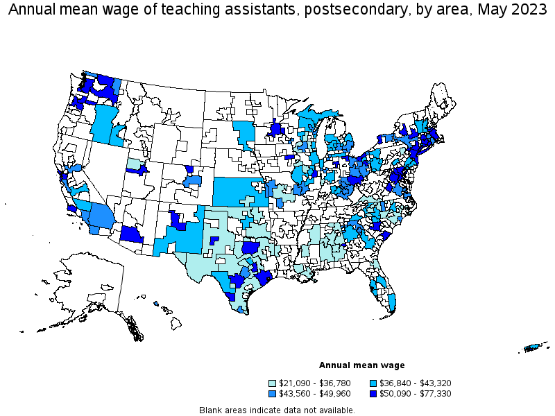 Map of annual mean wages of teaching assistants, postsecondary by area, May 2021