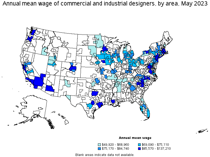 Map of annual mean wages of commercial and industrial designers by area, May 2021
