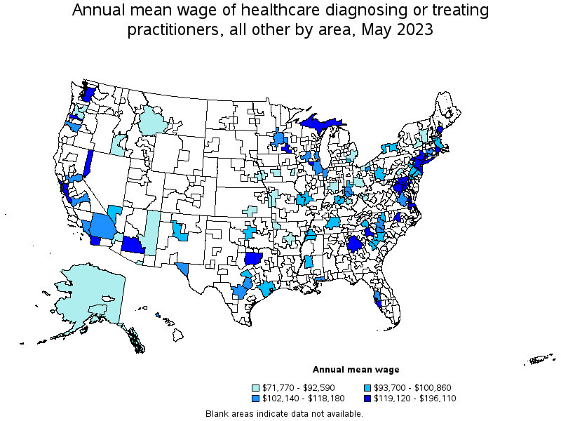 Map of annual mean wages of healthcare diagnosing or treating practitioners, all other by area, May 2022