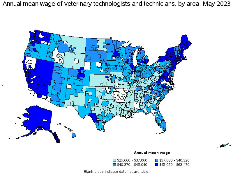 Map of annual mean wages of veterinary technologists and technicians by area, May 2023