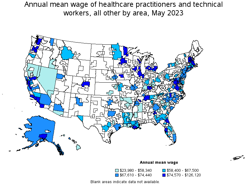 Map of annual mean wages of healthcare practitioners and technical workers, all other by area, May 2021