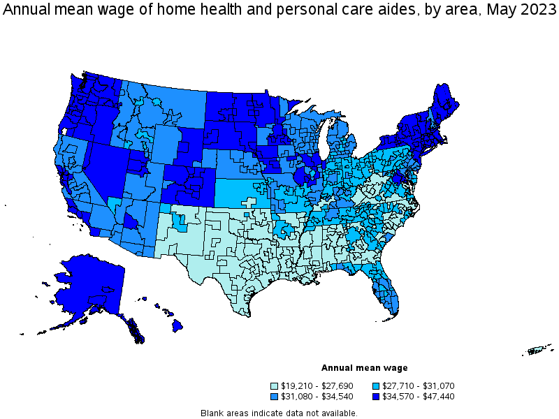 Map of annual mean wages of home health and personal care aides by area, May 2023