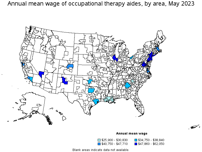 Map of annual mean wages of occupational therapy aides by area, May 2021