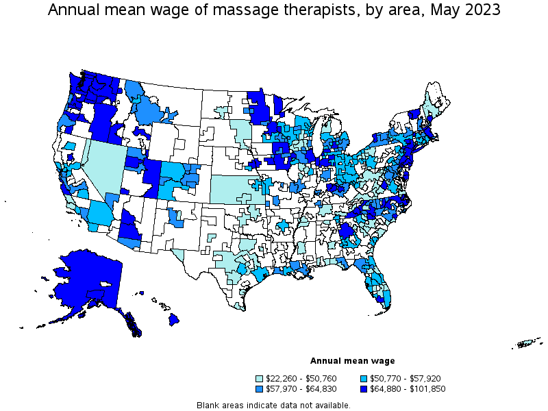 Map of annual mean wages of massage therapists by area, May 2022