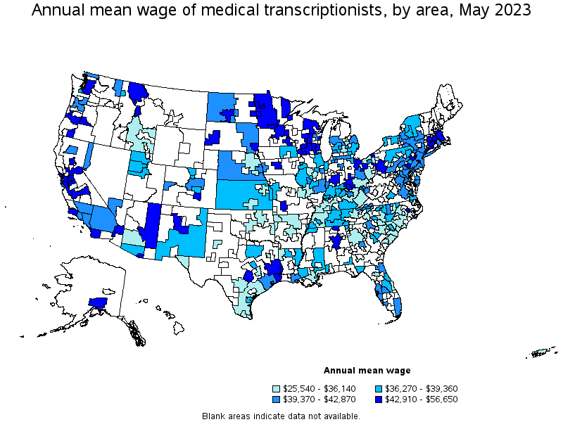 Map of annual mean wages of medical transcriptionists by area, May 2021