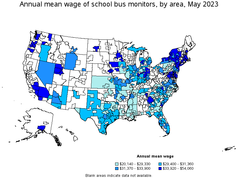 Map of annual mean wages of school bus monitors by area, May 2022