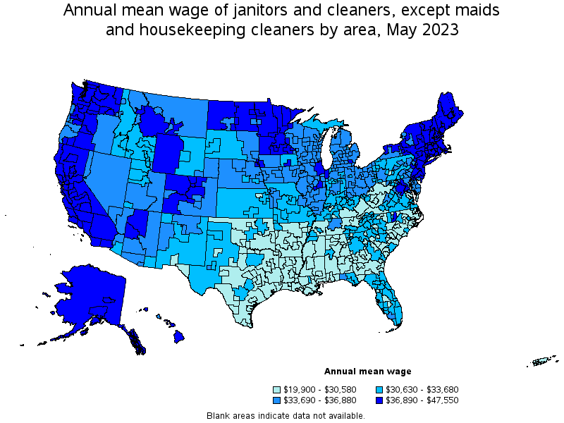 Map of annual mean wages of janitors and cleaners, except maids and housekeeping cleaners by area, May 2023