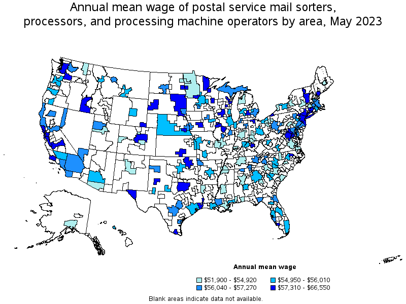 Map of annual mean wages of postal service mail sorters, processors, and processing machine operators by area, May 2021