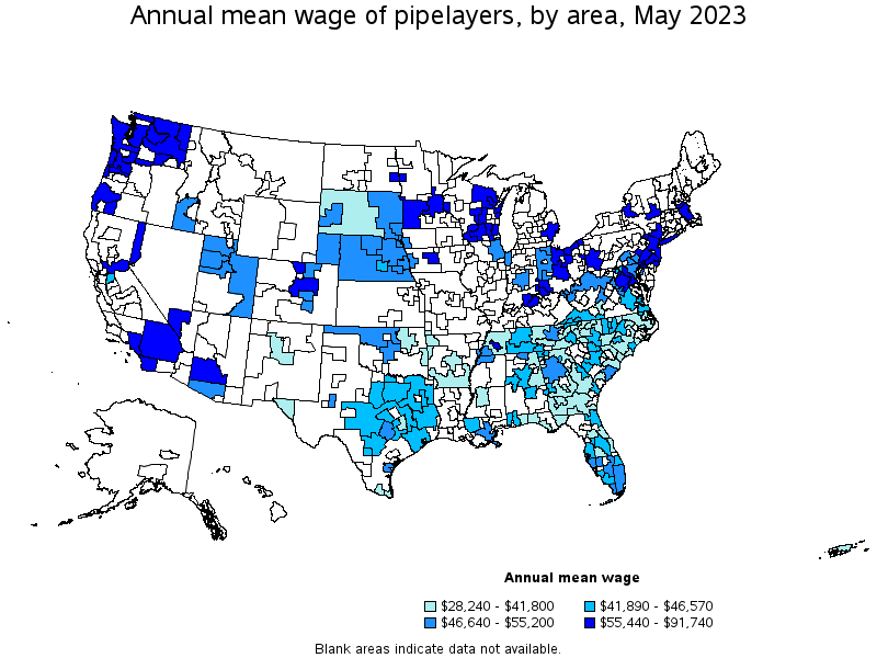 Map of annual mean wages of pipelayers by area, May 2021