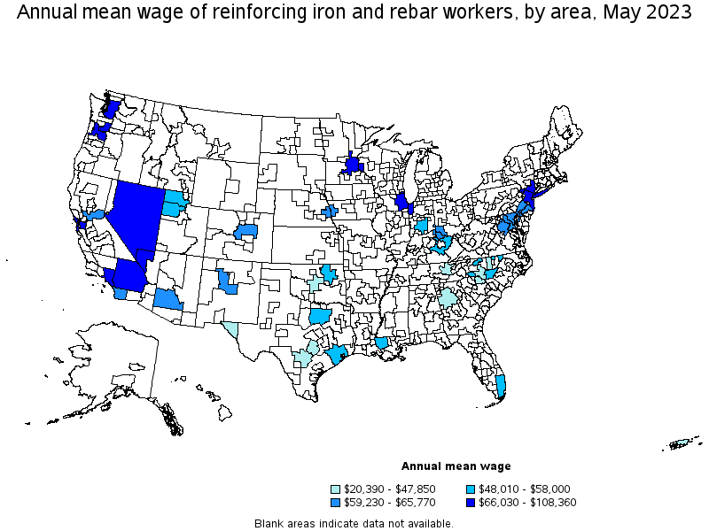 Map of annual mean wages of reinforcing iron and rebar workers by area, May 2021