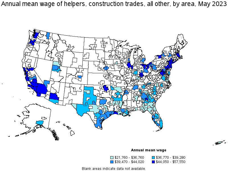 Map of annual mean wages of helpers, construction trades, all other by area, May 2021
