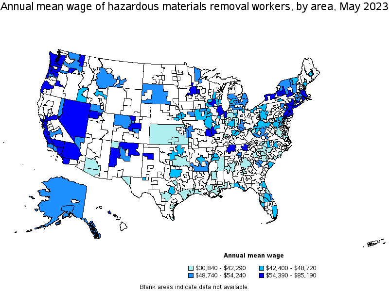 Map of annual mean wages of hazardous materials removal workers by area, May 2021