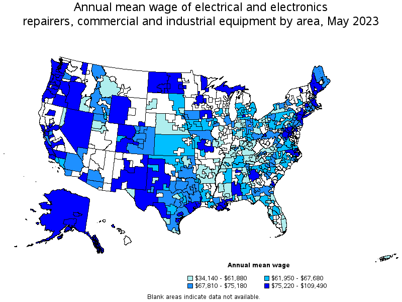 Map of annual mean wages of electrical and electronics repairers, commercial and industrial equipment by area, May 2021
