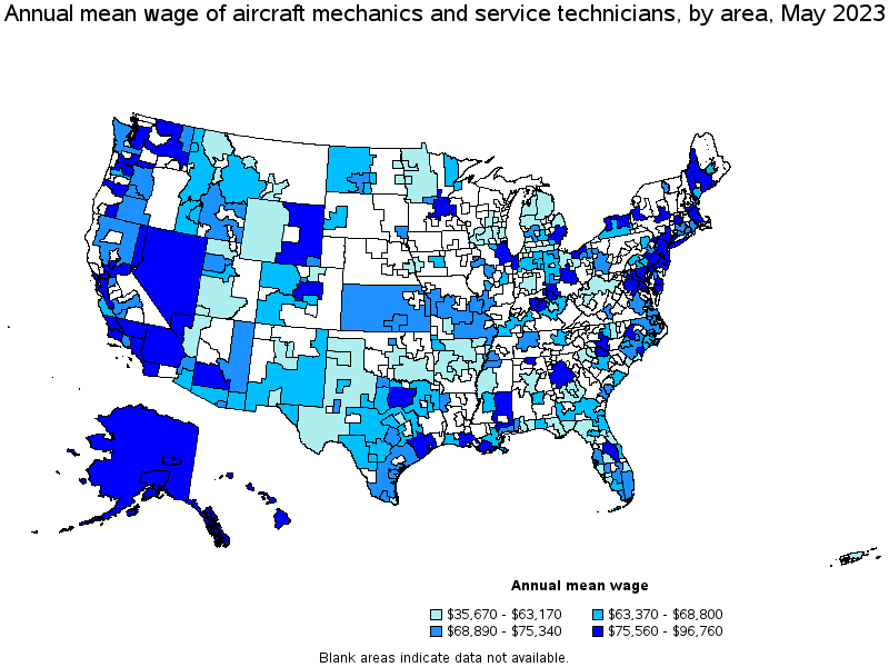 Map of annual mean wages of aircraft mechanics and service technicians by area, May 2021