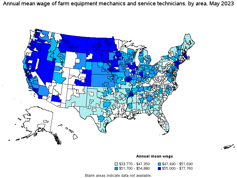 Map of annual mean wages of farm equipment mechanics and service technicians by area, May 2021