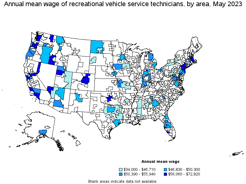 Map of annual mean wages of recreational vehicle service technicians by area, May 2021