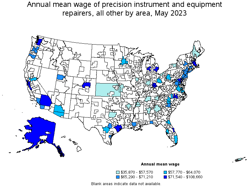 Map of annual mean wages of precision instrument and equipment repairers, all other by area, May 2022