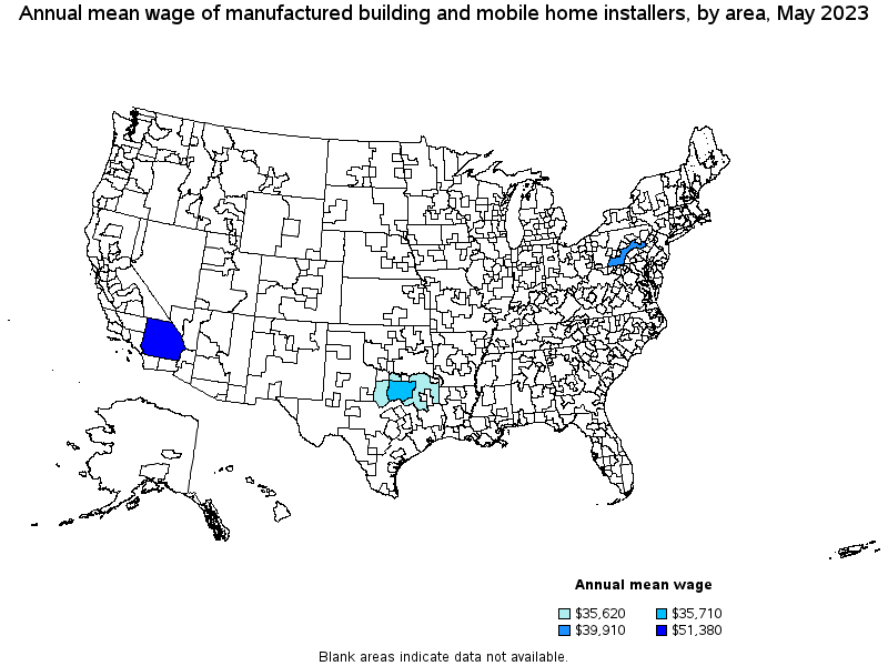 Map of annual mean wages of manufactured building and mobile home installers by area, May 2023