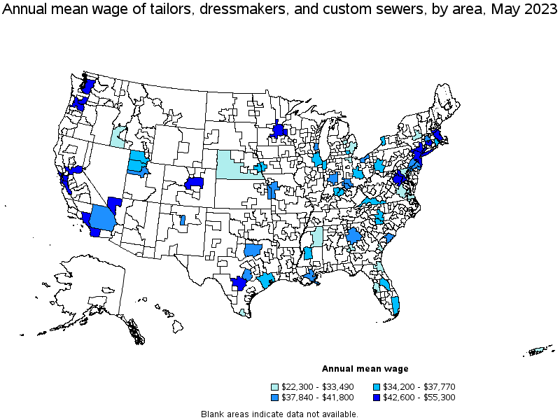 Map of annual mean wages of tailors, dressmakers, and custom sewers by area, May 2022