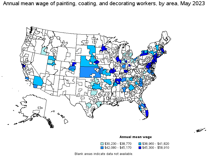 Map of annual mean wages of painting, coating, and decorating workers by area, May 2021