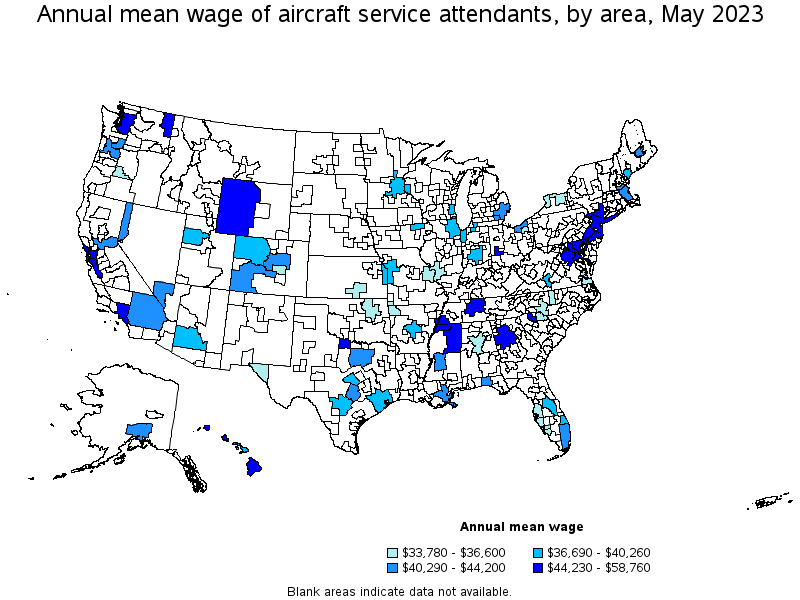 Map of annual mean wages of aircraft service attendants by area, May 2022