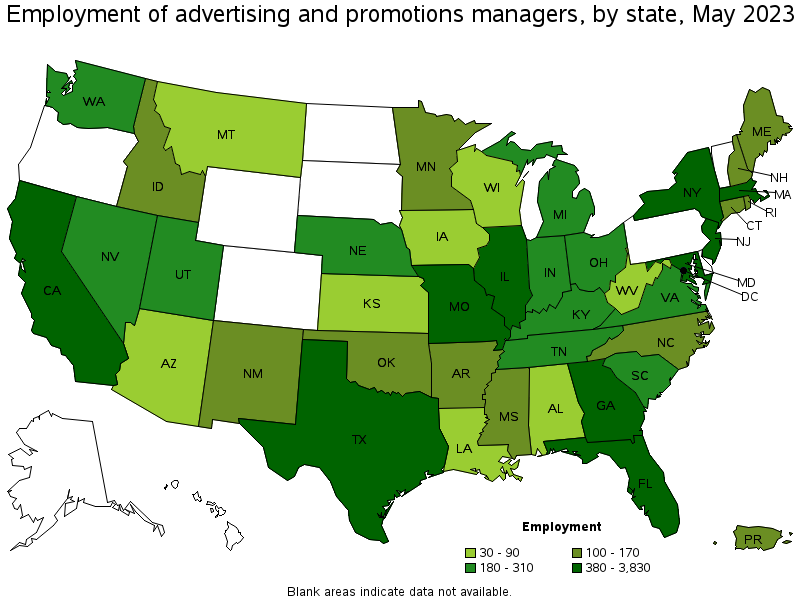 Map of employment of advertising and promotions managers by state, May 2021