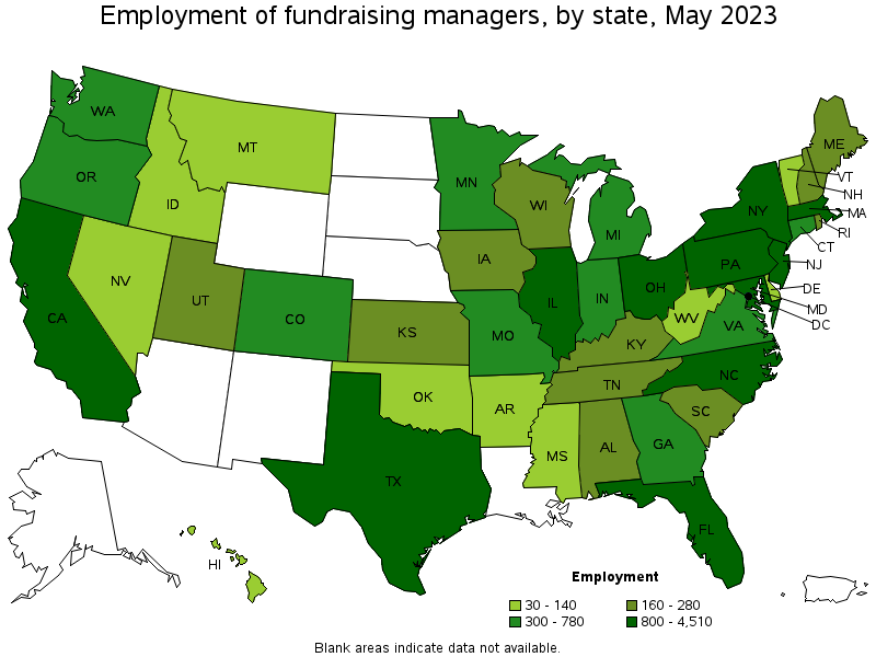 Map of employment of fundraising managers by state, May 2021