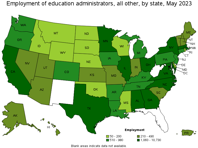 Map of employment of education administrators, all other by state, May 2021