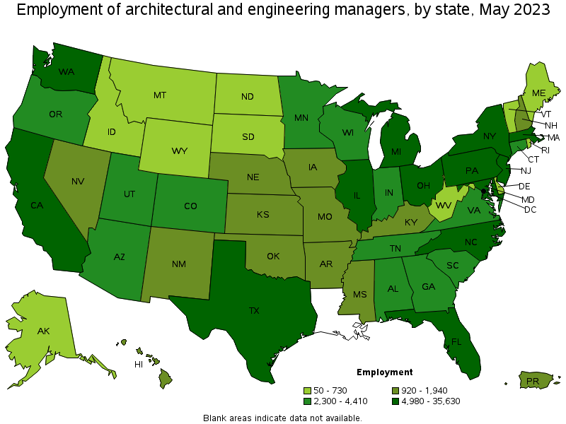 Map of employment of architectural and engineering managers by state, May 2022