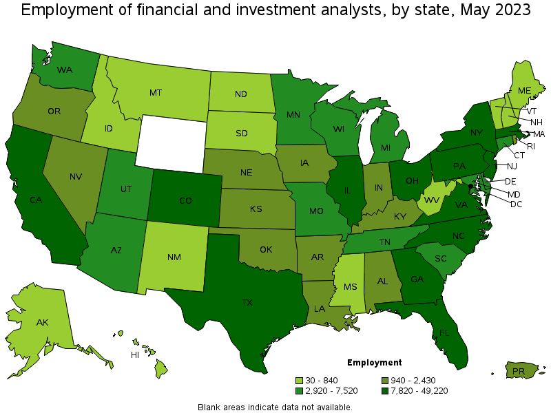 Map of employment of financial and investment analysts by state, May 2021