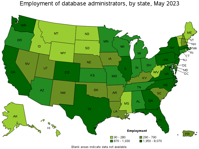 Map of employment of database administrators by state, May 2021
