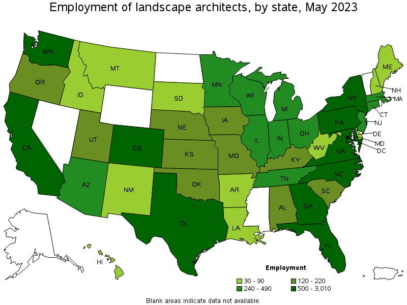 Map of employment of landscape architects by state, May 2021