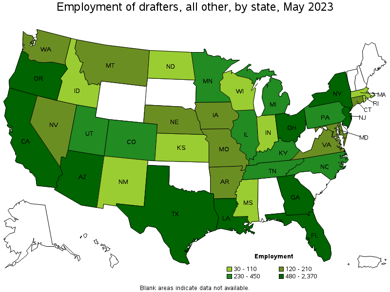 Map of employment of drafters, all other by state, May 2021
