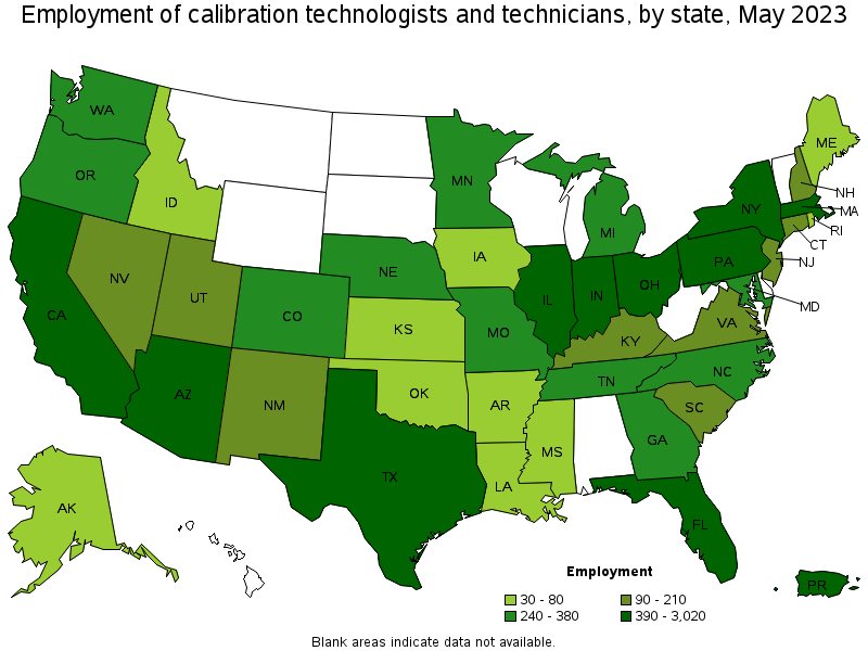 Map of employment of calibration technologists and technicians by state, May 2022