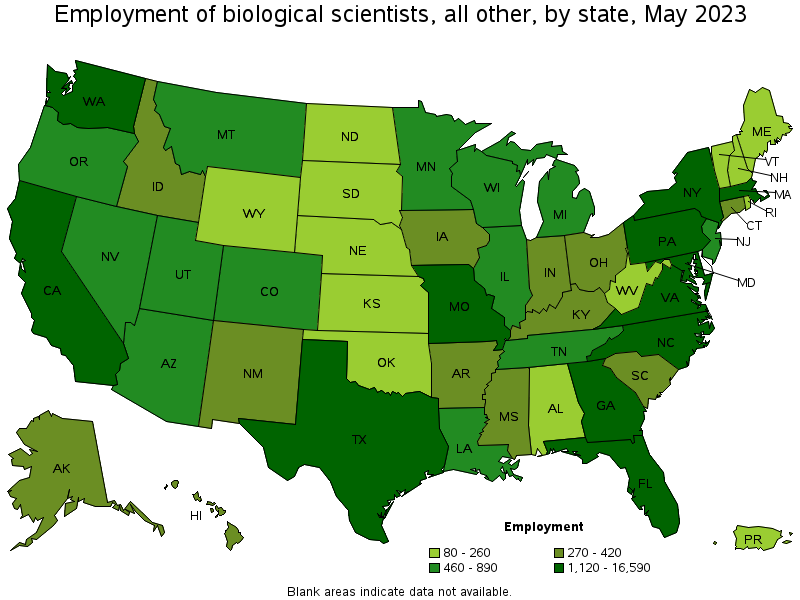 Map of employment of biological scientists, all other by state, May 2021