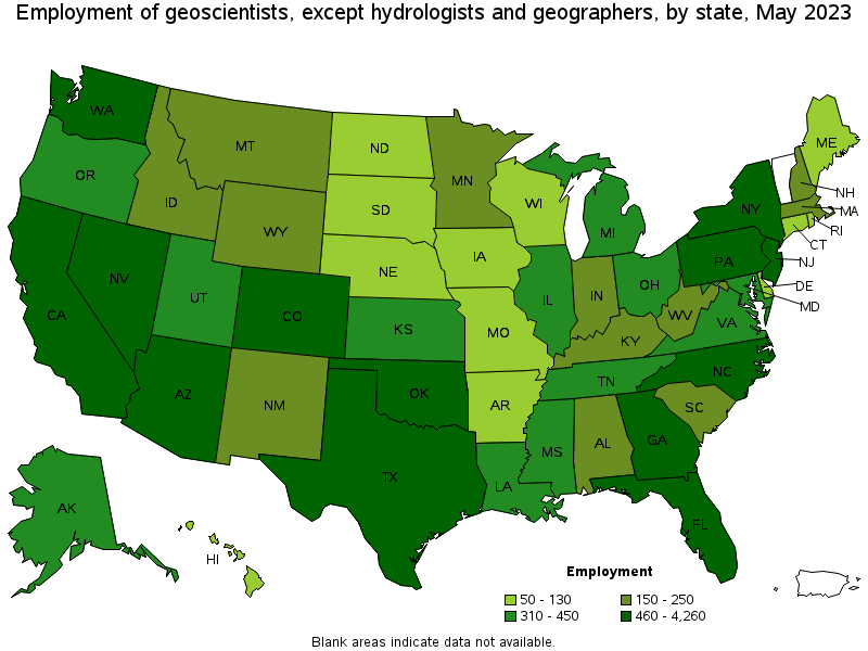 Map of employment of geoscientists, except hydrologists and geographers by state, May 2021