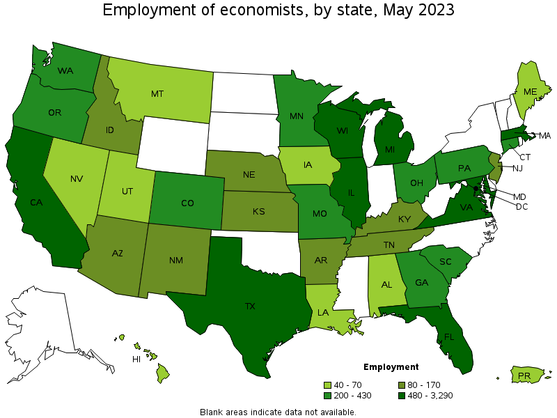 Map of employment of economists by state, May 2021