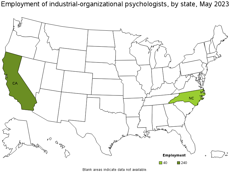 Map of employment of industrial-organizational psychologists by state, May 2022