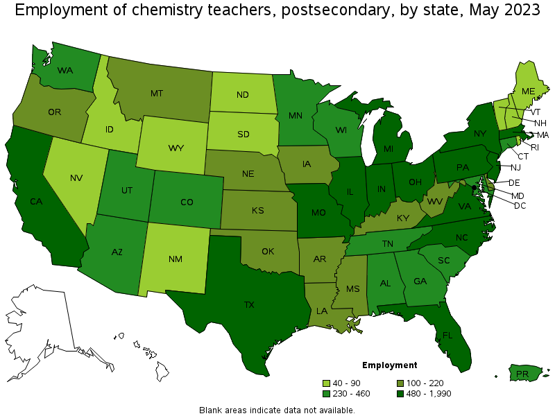 Map of employment of chemistry teachers, postsecondary by state, May 2022