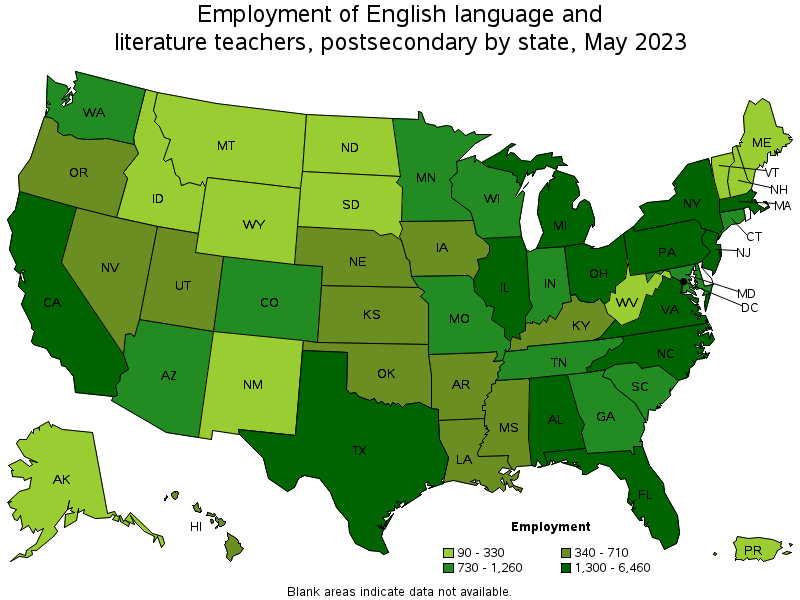 Map of employment of english language and literature teachers, postsecondary by state, May 2021
