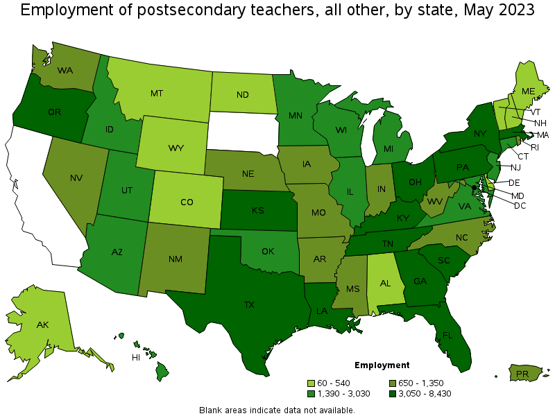 Map of employment of postsecondary teachers, all other by state, May 2021
