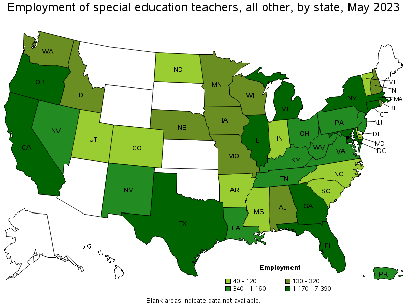 Map of employment of special education teachers, all other by state, May 2021