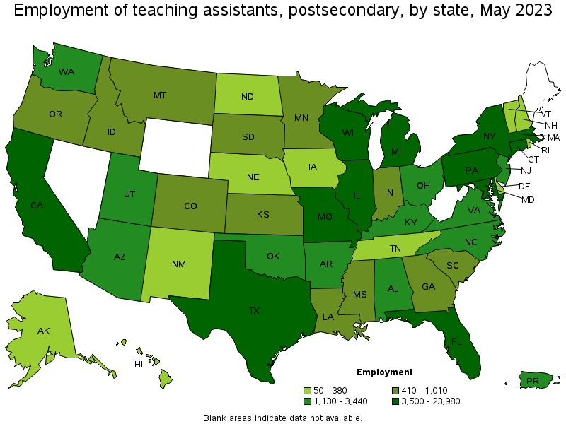 Map of employment of teaching assistants, postsecondary by state, May 2022