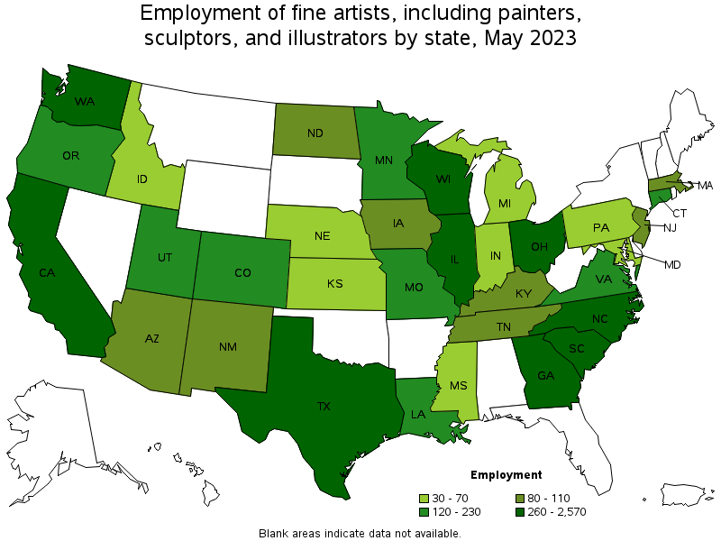 Map of employment of fine artists, including painters, sculptors, and illustrators by state, May 2021