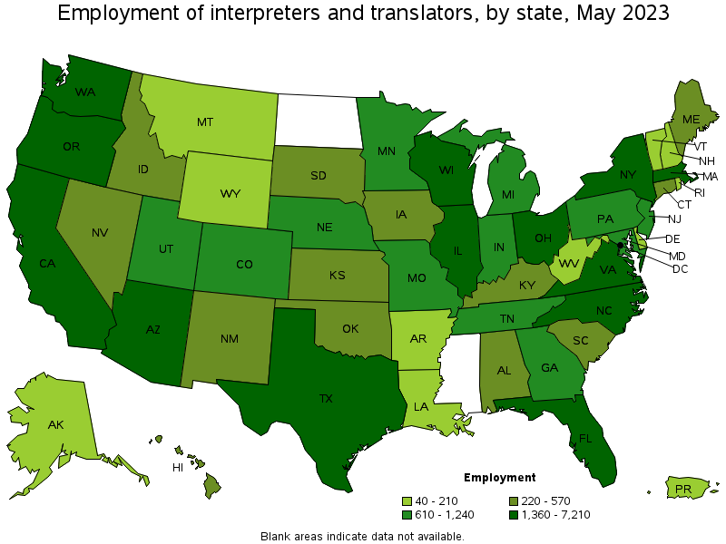 Map of employment of interpreters and translators by state, May 2022
