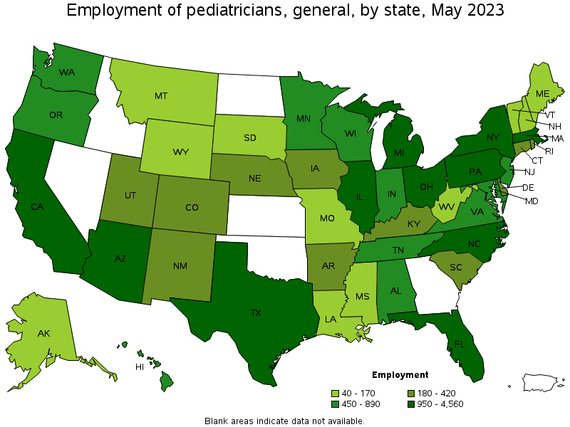 Map of employment of pediatricians, general by state, May 2021