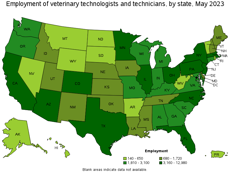 Map of employment of veterinary technologists and technicians by state, May 2021