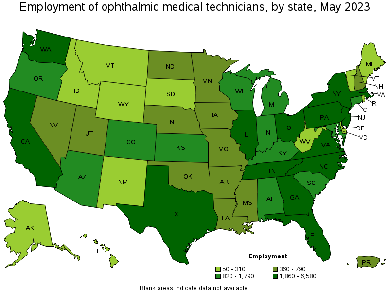 Map of employment of ophthalmic medical technicians by state, May 2022