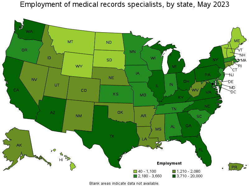 Map of employment of medical records specialists by state, May 2021